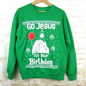 Ugly Christmas Sweater Men M Green Go Jesus Birthday Party Funny Holidays Xmas